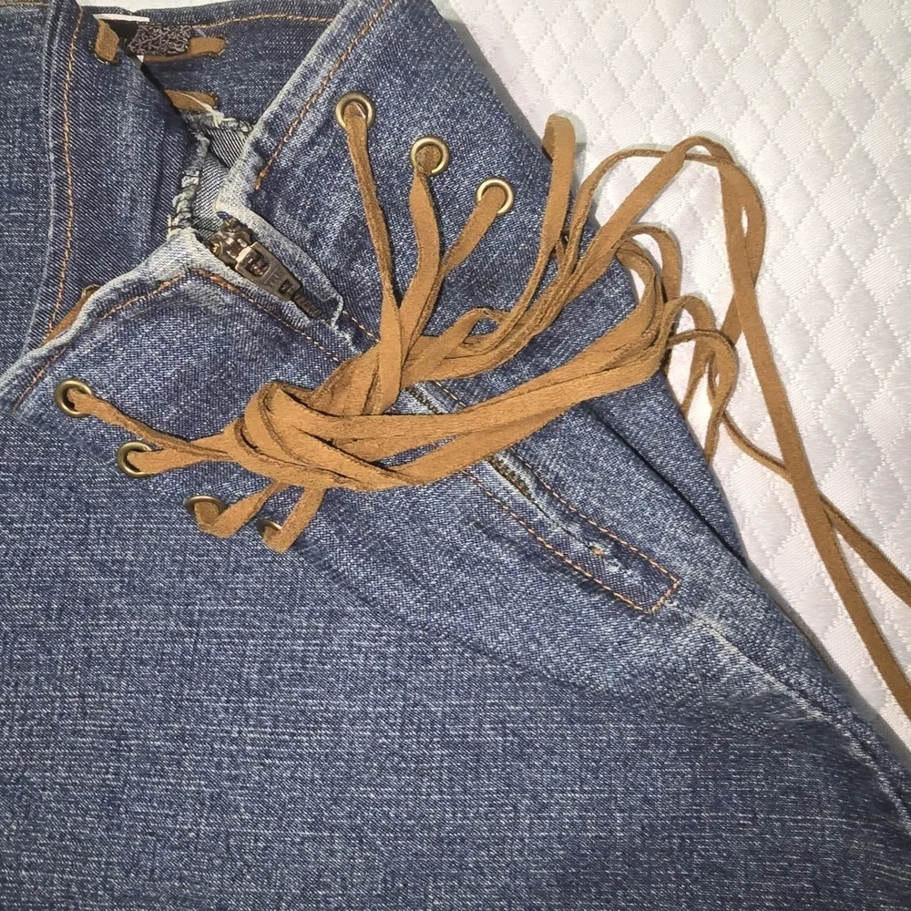 Trendy Denim Mini Skirt - Blue and Brown, Leather Laces On Waist, Womens Large